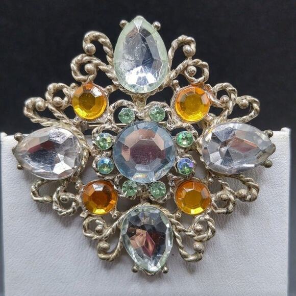 Vintage Filigree Rhinestone Brooch, Clear, Light Topaz, Green AB Rhinestones, 2" - Picture 3 of 6